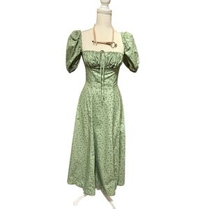 House of CB floral Sage Green Puff-Sleeve Midi Dress with boning size Small